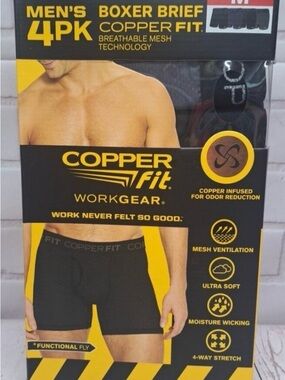 Copper Fit Men’s Black Boxer Briefs - 4-Pack Breathable Support Medium